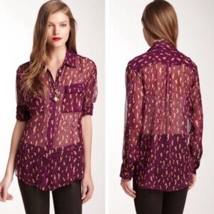 Equipment Femme Silk Sheer Purple Animal Print Button Blouse Size L